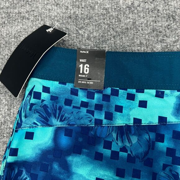 Hurley Board Shorts Boys 16 Blue Gaze Floral Print 9 Inch Inseam Swim Trunks - Picture 8 of 12
